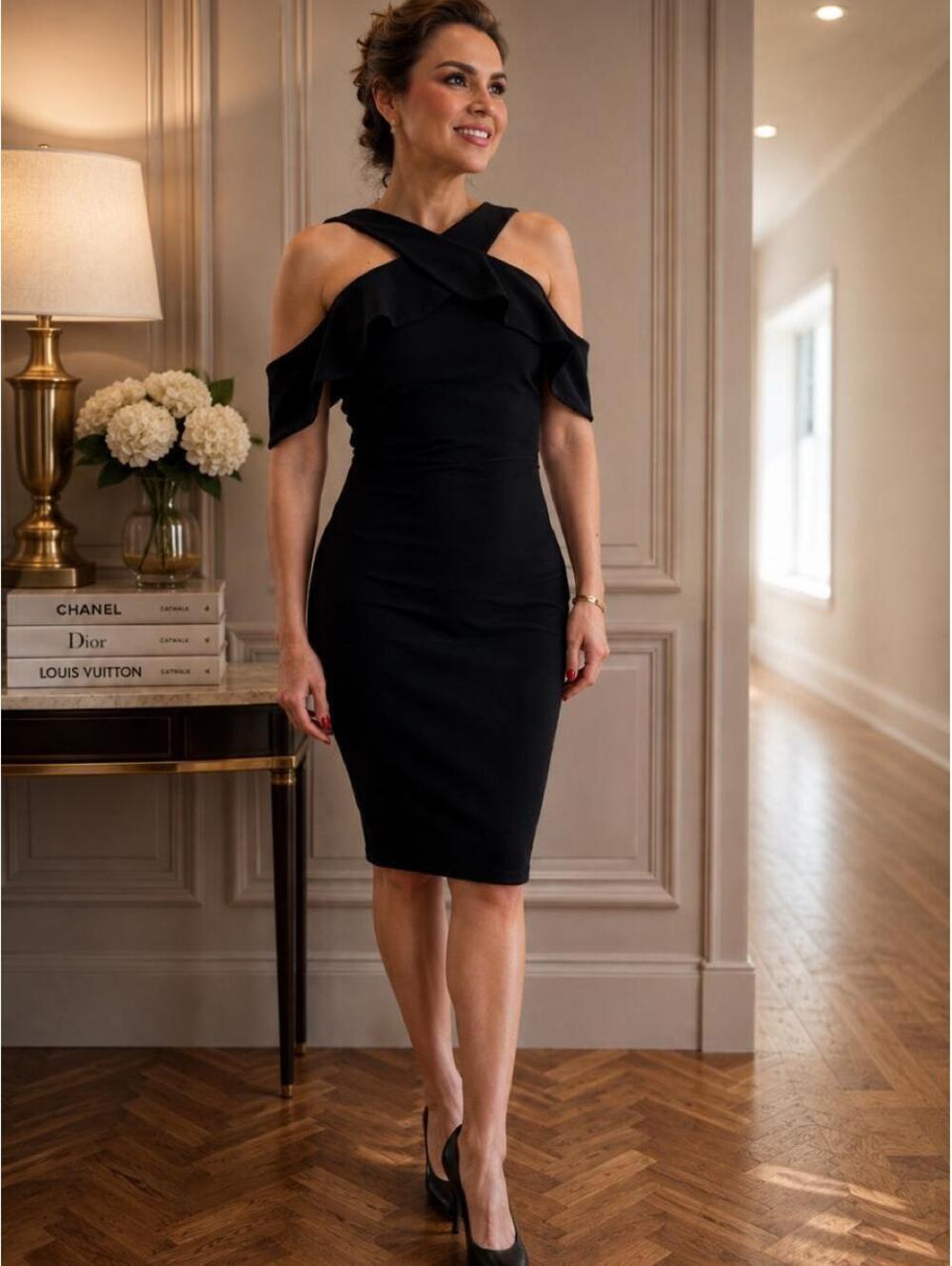 Joseph Ribkoff Navy Cold Shoulder Ruffled Dress